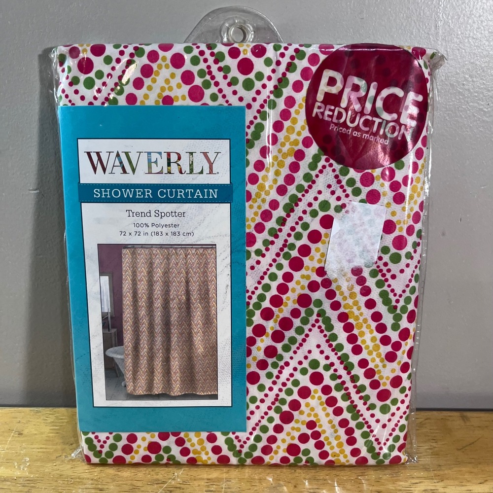 Waverly Trend Spotter Shower Curtain Pink Green Yellow Dotted Chevron 72x72 NEW